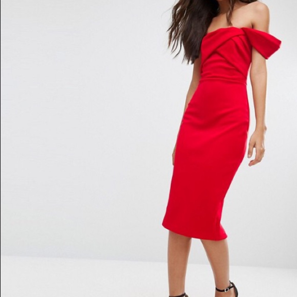 Red midi ASOS Bardot cocktail dress size 0